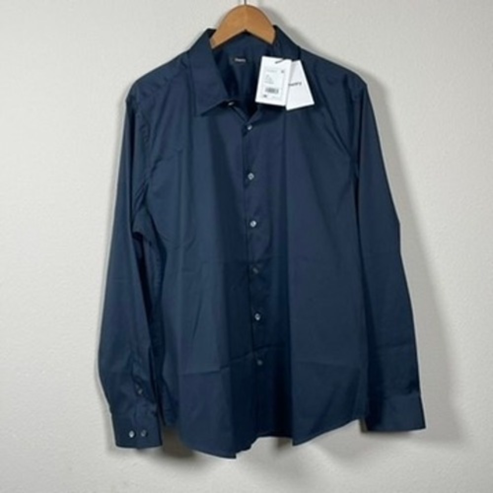Theory Sylvain O Precise 2 Men XXL Eclipse Navy Blue Stretch Cotton Dress Shirt